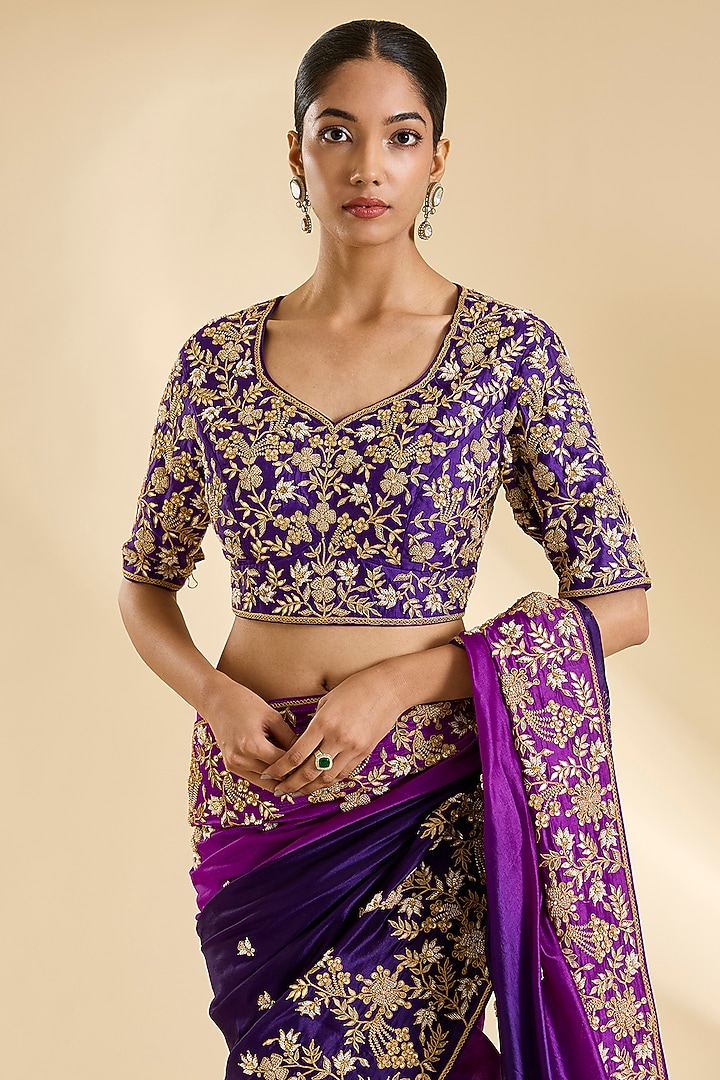 Purple & Magenta Kora Silk Gota-Patti Work Reception Saree Set by SURBHI SHAH at Pernia's Pop Up Shop