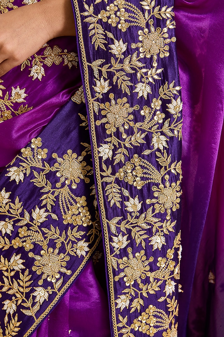Purple & Magenta Kora Silk Gota-Patti Work Reception Saree Set by SURBHI SHAH at Pernia's Pop Up Shop