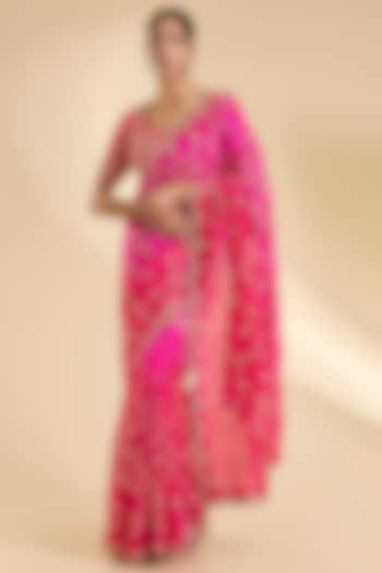 Red & Rani Pink Kora Silk Zardosi Work Reception Saree Set by SURBHI SHAH at Pernia's Pop Up Shop