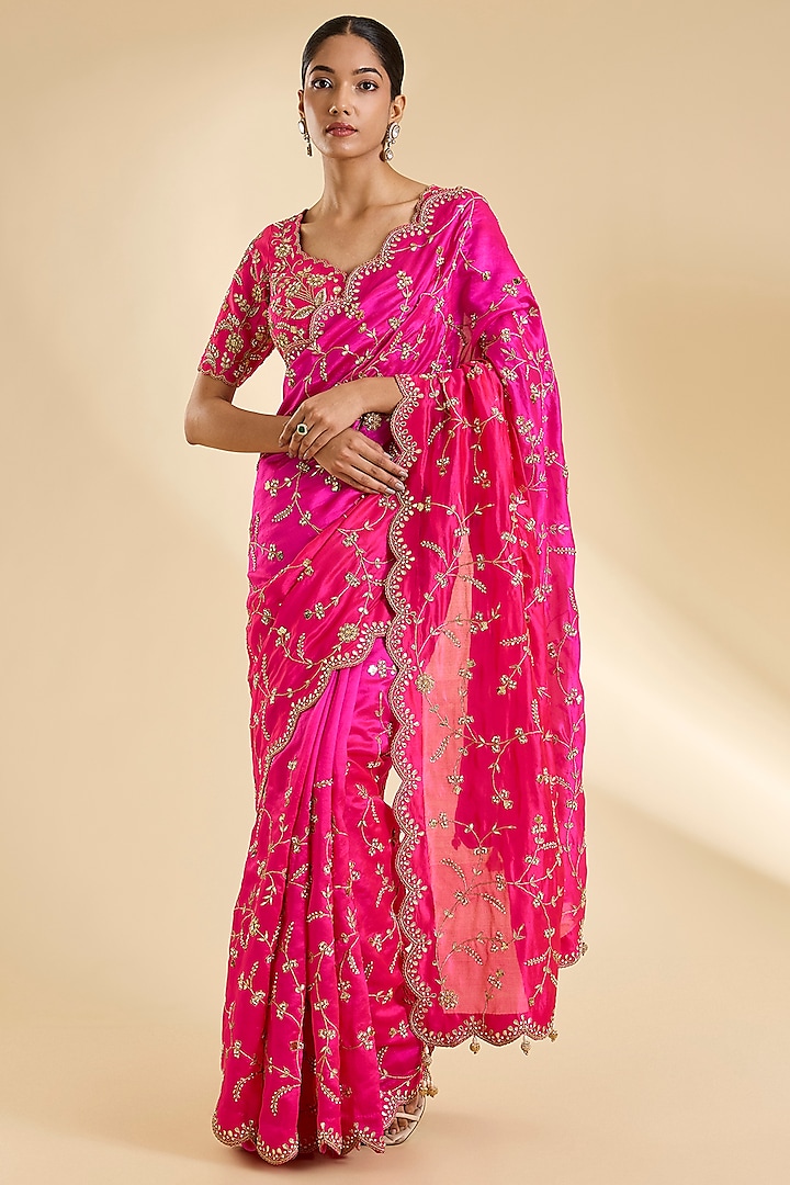 Red & Rani Pink Kora Silk Zardosi Work Reception Saree Set by SURBHI SHAH at Pernia's Pop Up Shop