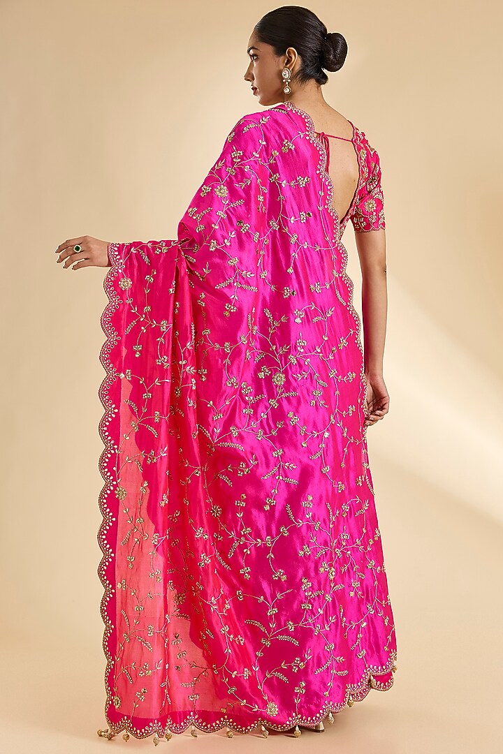 Red & Rani Pink Kora Silk Zardosi Work Reception Saree Set by SURBHI SHAH at Pernia's Pop Up Shop