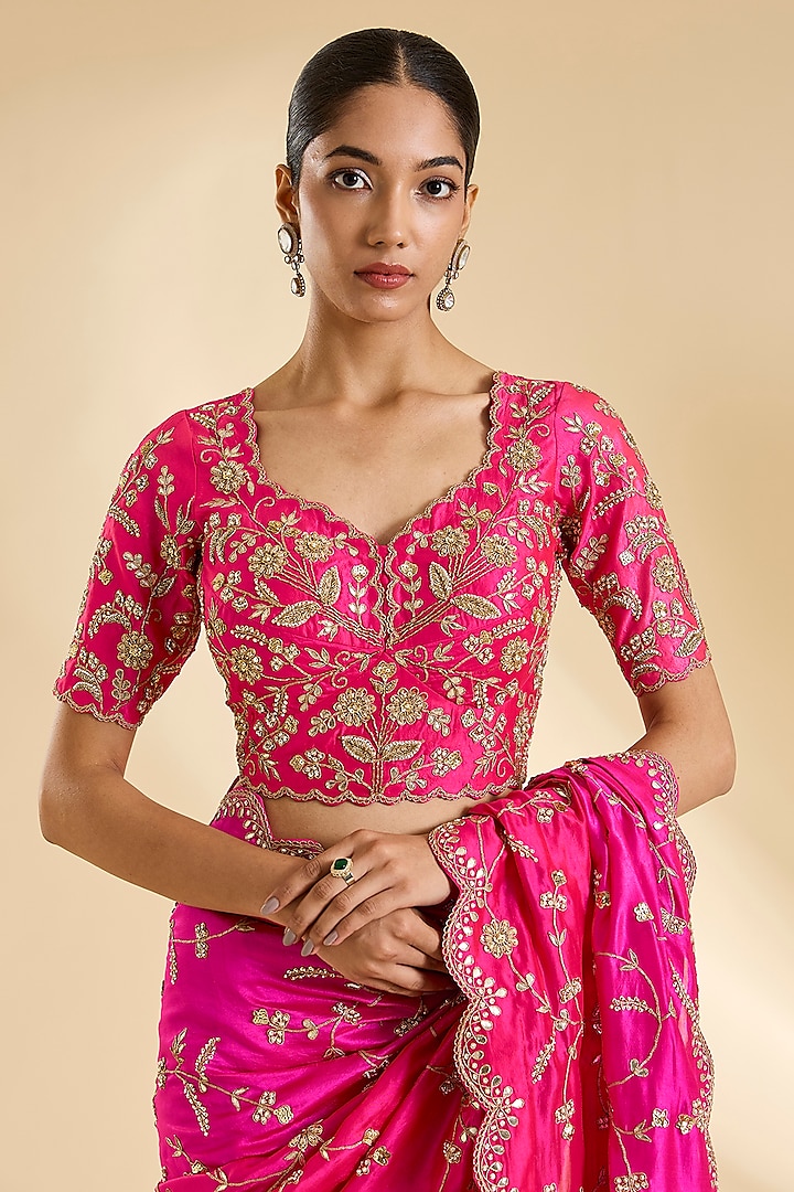 Red & Rani Pink Kora Silk Zardosi Work Reception Saree Set by SURBHI SHAH at Pernia's Pop Up Shop