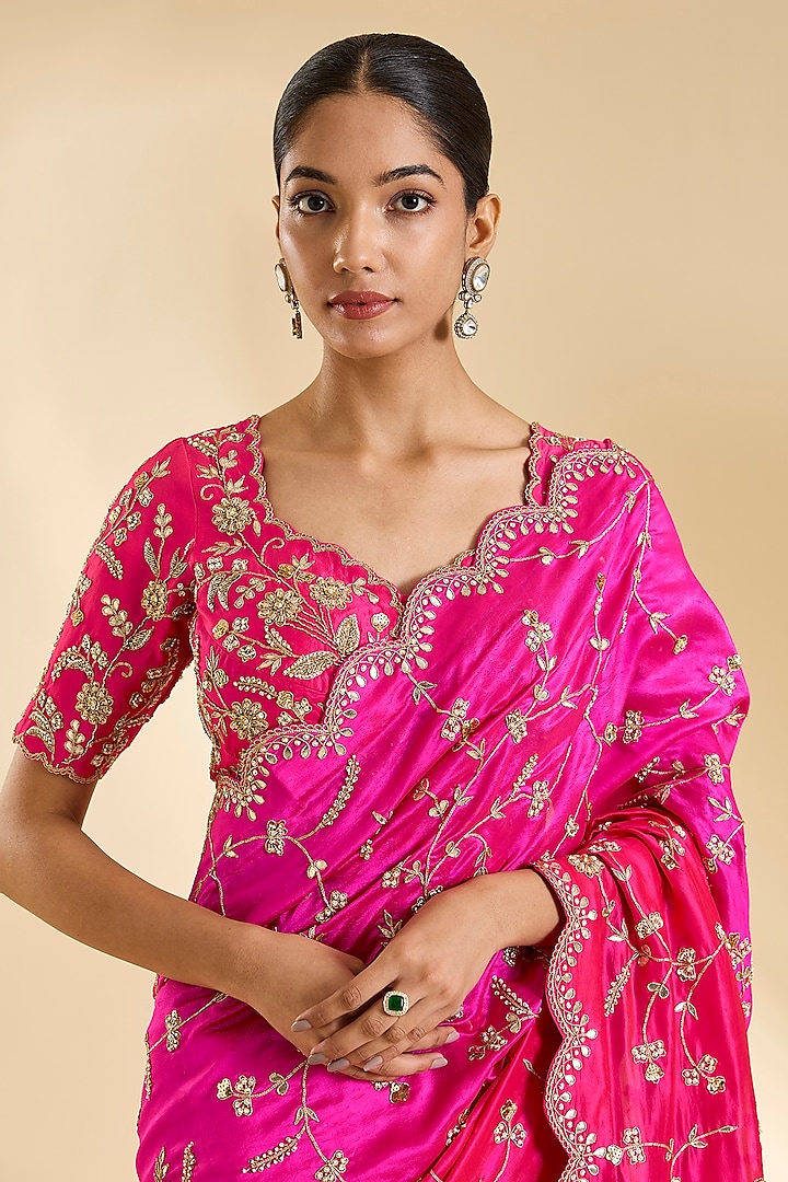 Red & Rani Pink Kora Silk Zardosi Work Reception Saree Set by SURBHI SHAH at Pernia's Pop Up Shop