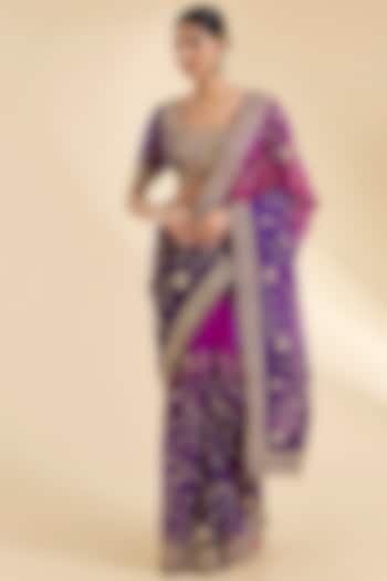 Purple & Magenta Organza Zardosi & Pearl Work Reception Saree Set by SURBHI SHAH at Pernia's Pop Up Shop