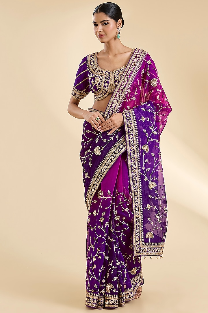 Purple & Magenta Organza Zardosi & Pearl Work Reception Saree Set by SURBHI SHAH at Pernia's Pop Up Shop
