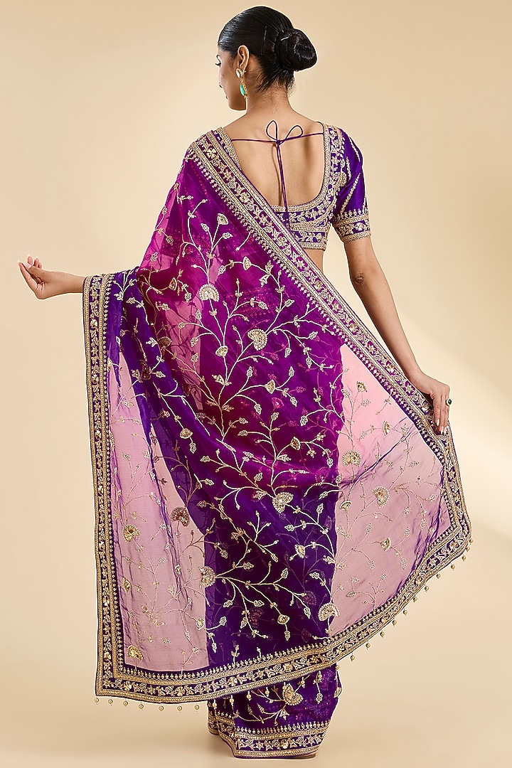 Purple & Magenta Organza Zardosi & Pearl Work Reception Saree Set by SURBHI SHAH at Pernia's Pop Up Shop