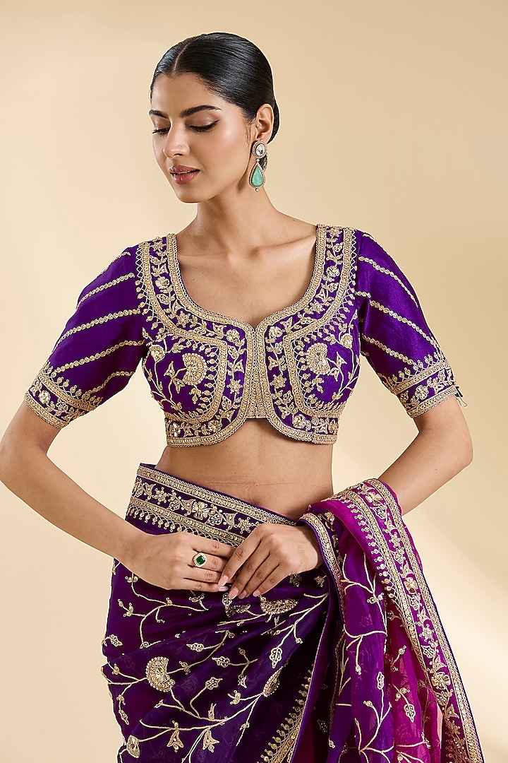 Purple & Magenta Organza Zardosi & Pearl Work Reception Saree Set by SURBHI SHAH at Pernia's Pop Up Shop