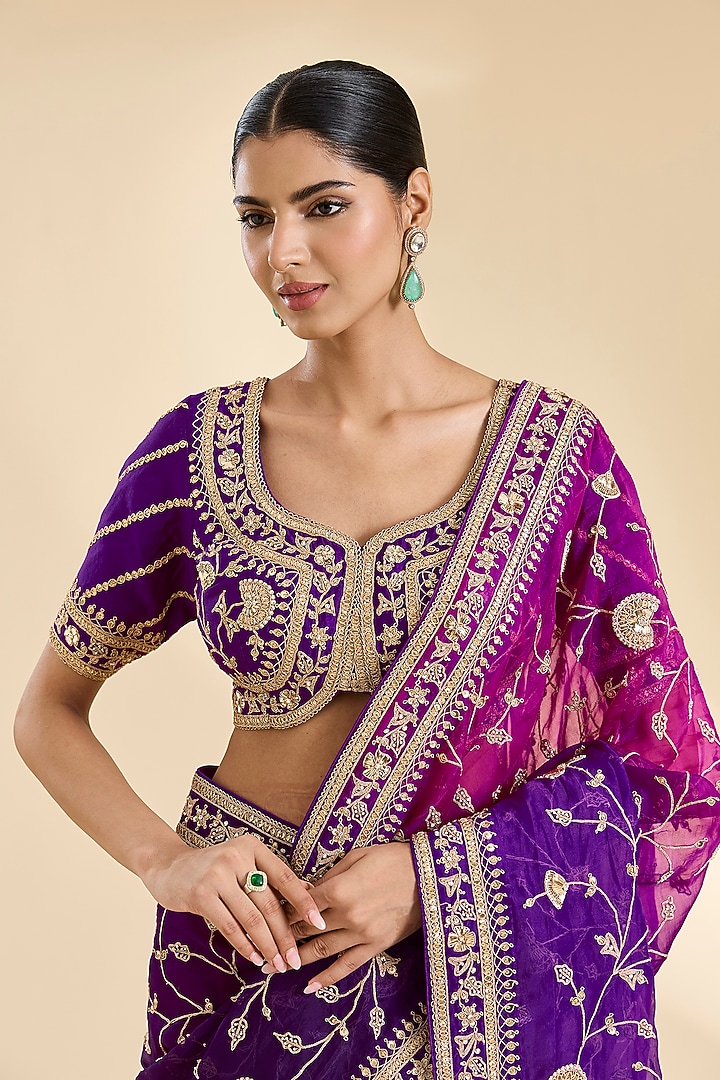 Purple & Magenta Organza Zardosi & Pearl Work Reception Saree Set by SURBHI SHAH at Pernia's Pop Up Shop