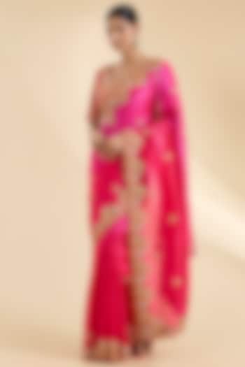 Red & Rani Pink Kora Silk Pearl & Marori Work Wedding Saree Set by SURBHI SHAH at Pernia's Pop Up Shop