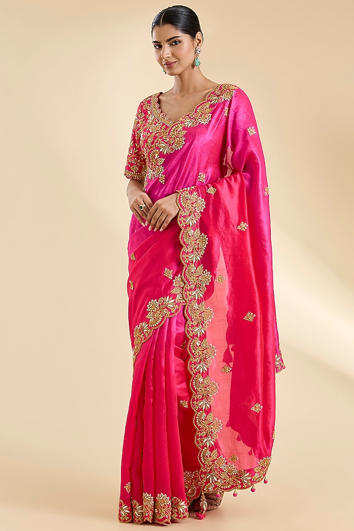 Red & Rani Pink Kora Silk Pearl & Marori Work Wedding Saree Set by SURBHI SHAH at Pernia's Pop Up Shop