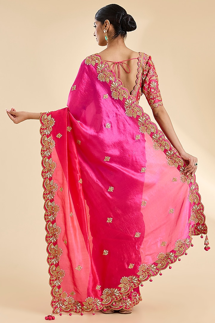 Red & Rani Pink Kora Silk Pearl & Marori Work Wedding Saree Set by SURBHI SHAH at Pernia's Pop Up Shop