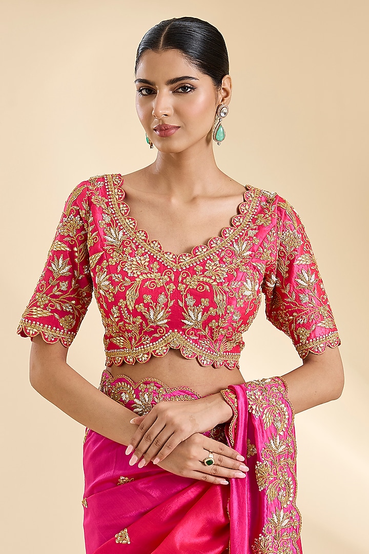 Red & Rani Pink Kora Silk Pearl & Marori Work Wedding Saree Set by SURBHI SHAH at Pernia's Pop Up Shop