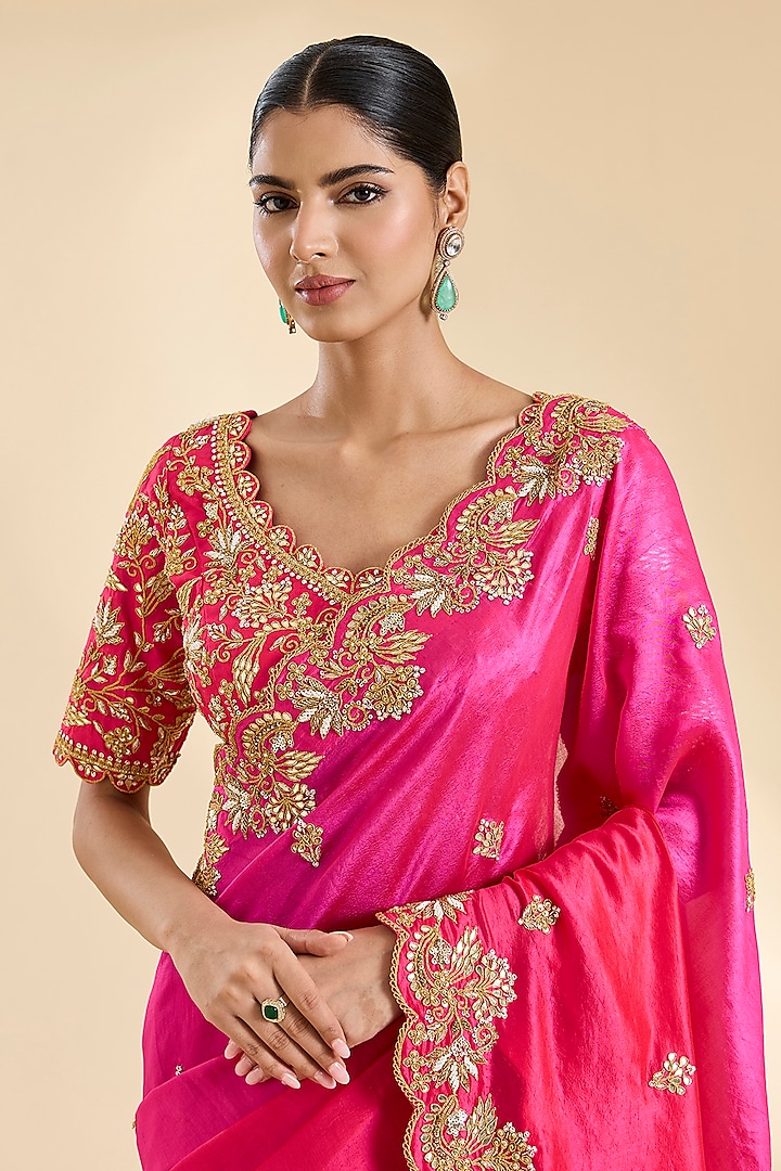 Red & Rani Pink Kora Silk Pearl & Marori Work Wedding Saree Set by SURBHI SHAH at Pernia's Pop Up Shop