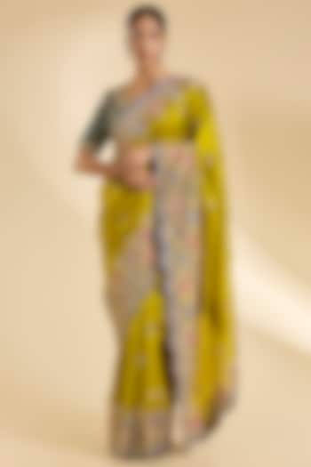 Lime Green Kora Silk Patch Work Reception Saree Set by SURBHI SHAH at Pernia's Pop Up Shop