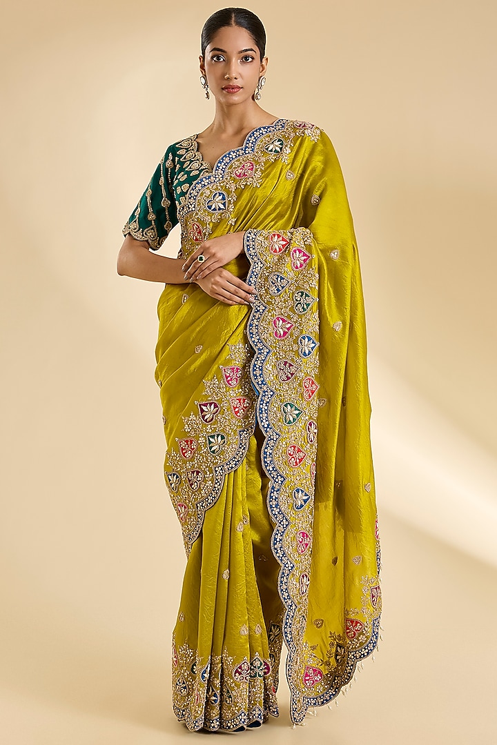 Lime Green Kora Silk Patch Work Reception Saree Set by SURBHI SHAH at Pernia's Pop Up Shop