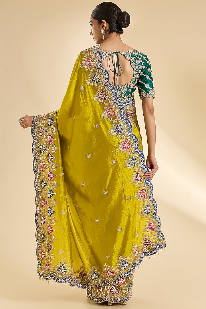 Lime Green Kora Silk Patch Work Reception Saree Set by SURBHI SHAH at Pernia's Pop Up Shop