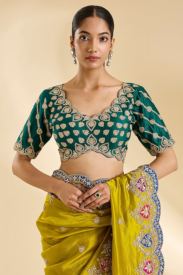 Lime Green Kora Silk Patch Work Reception Saree Set by SURBHI SHAH at Pernia's Pop Up Shop