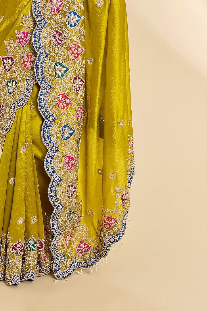 Lime Green Kora Silk Patch Work Reception Saree Set by SURBHI SHAH at Pernia's Pop Up Shop
