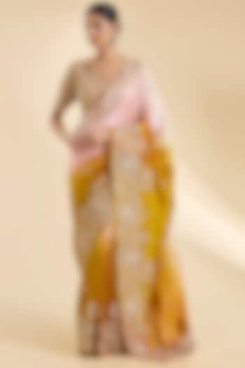Mustard Kora Silk Pearl & Marori Work Reception Saree Set by SURBHI SHAH at Pernia's Pop Up Shop