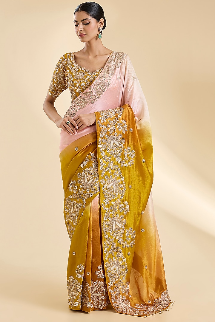Mustard Kora Silk Pearl & Marori Work Reception Saree Set by SURBHI SHAH at Pernia's Pop Up Shop