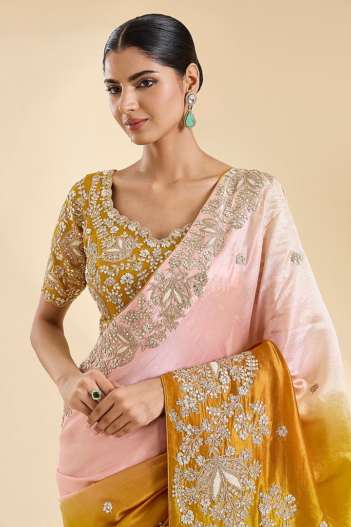 Mustard Kora Silk Pearl & Marori Work Reception Saree Set by SURBHI SHAH at Pernia's Pop Up Shop
