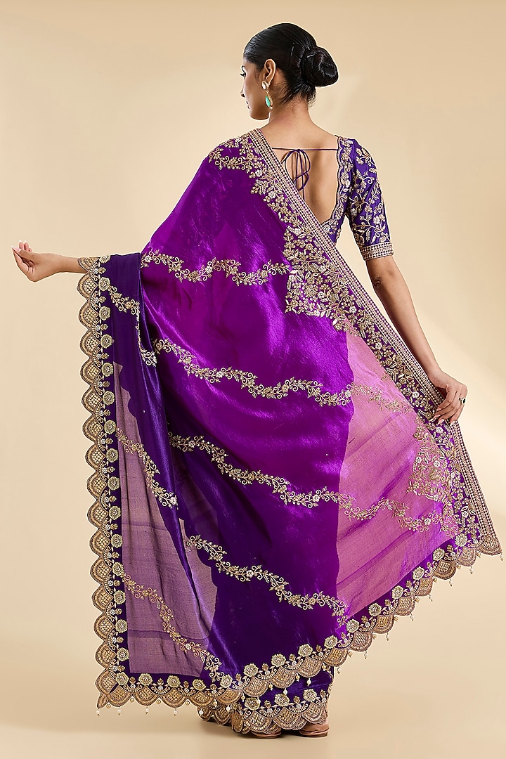 Purple & Magenta Kora Silk Zardosi Work Reception Saree Set by SURBHI SHAH at Pernia's Pop Up Shop