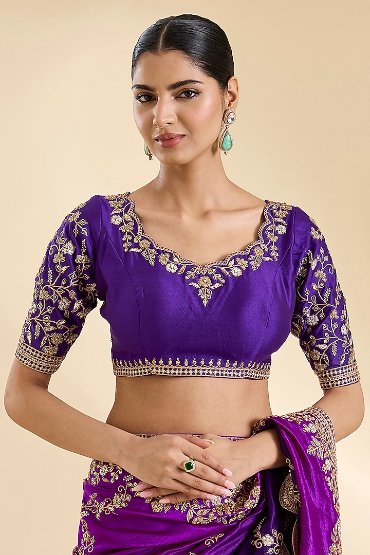 Purple & Magenta Kora Silk Zardosi Work Reception Saree Set by SURBHI SHAH at Pernia's Pop Up Shop