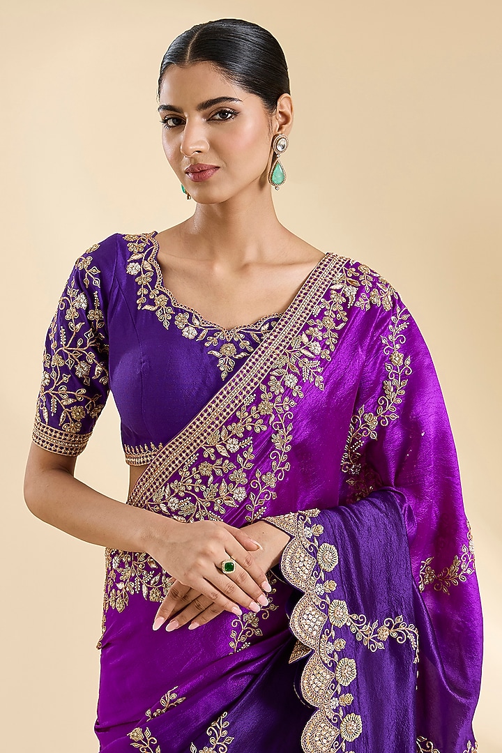 Purple & Magenta Kora Silk Zardosi Work Reception Saree Set by SURBHI SHAH at Pernia's Pop Up Shop