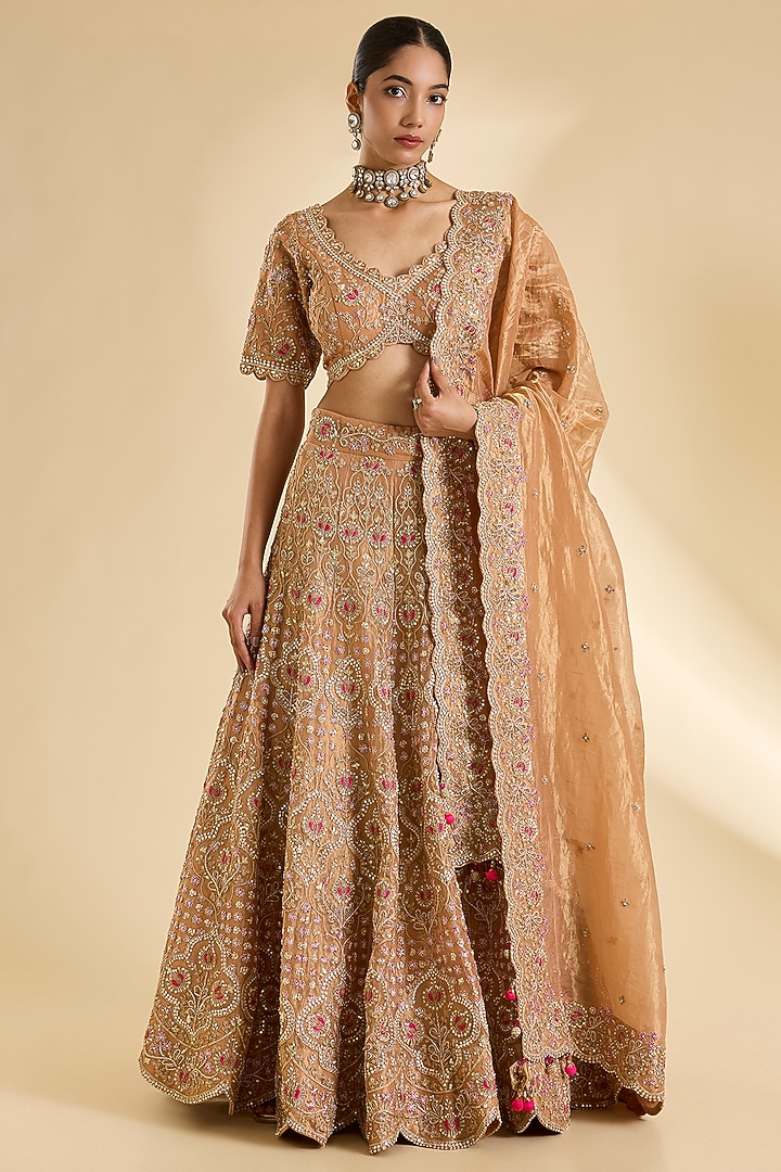 Deep Rose Gold Tissue Marori Work Lehenga Set by SURBHI SHAH at Pernia's Pop Up Shop
