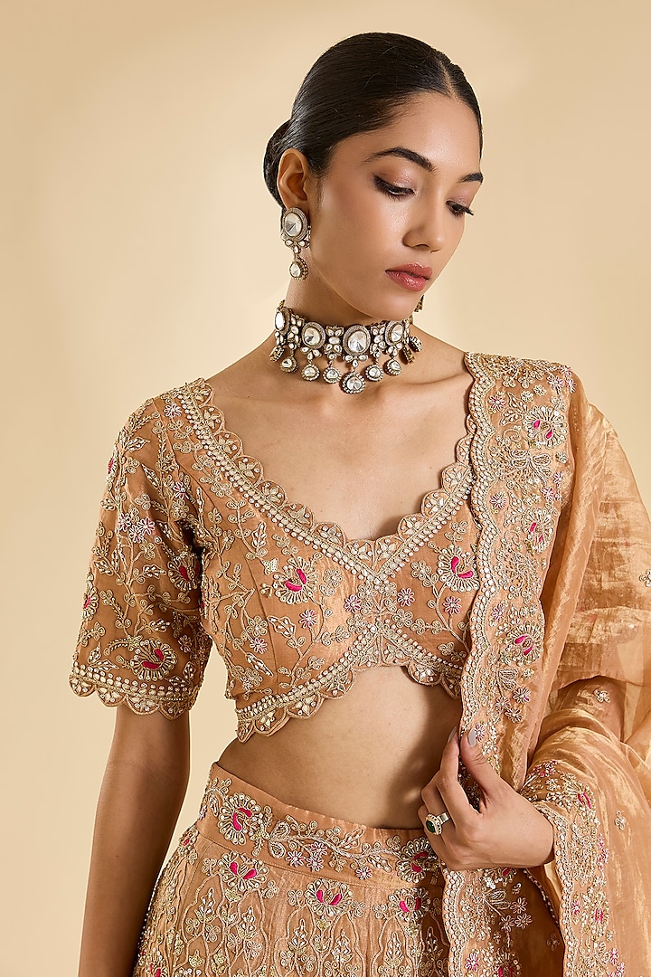 Deep Rose Gold Tissue Marori Work Lehenga Set by SURBHI SHAH at Pernia's Pop Up Shop