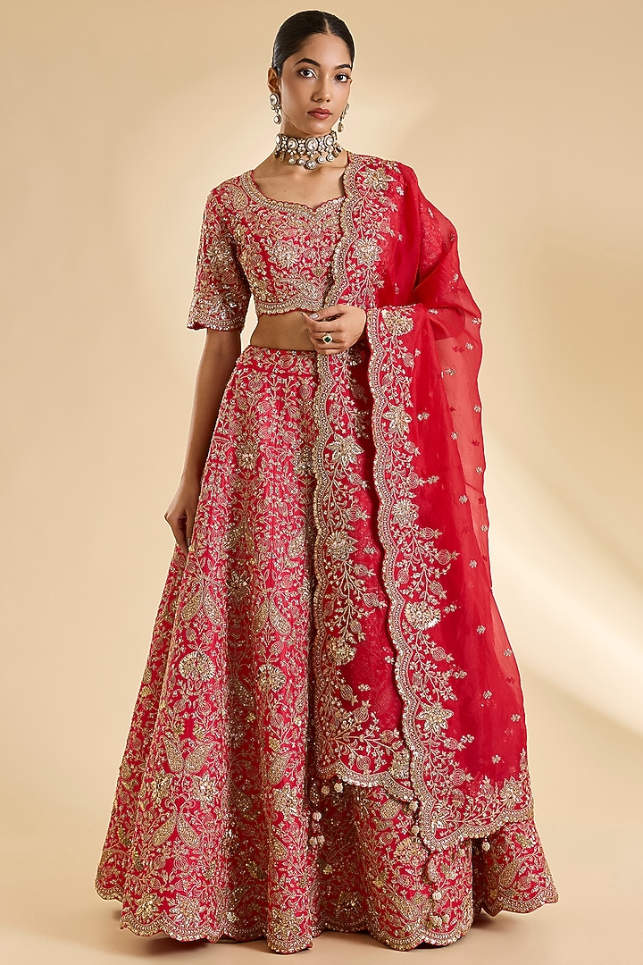 Red Dupion Silk Marori Work Bridal Lehenga Set by SURBHI SHAH at Pernia's Pop Up Shop