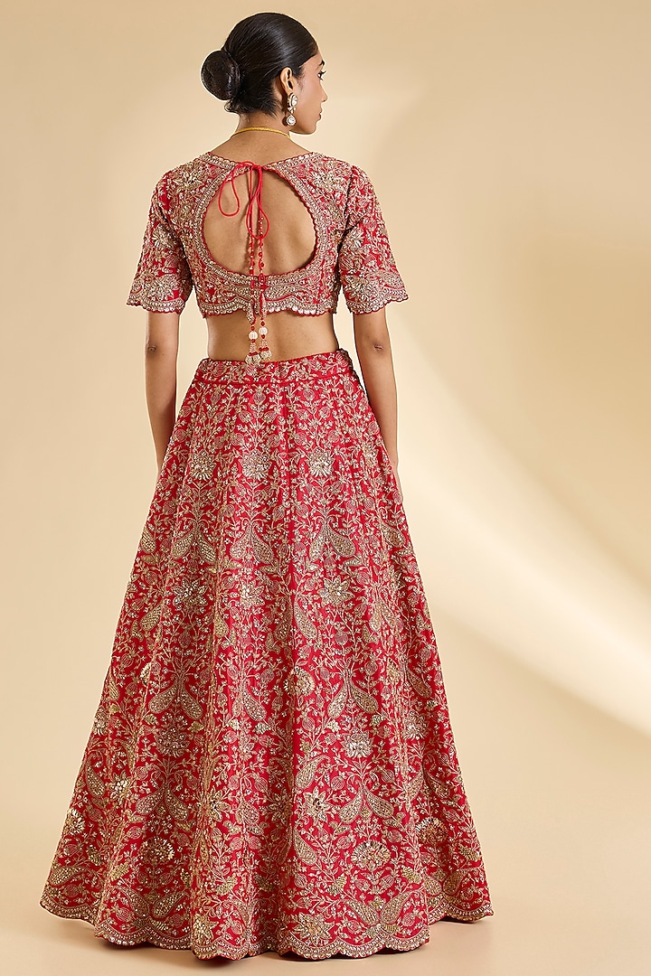 Red Dupion Silk Marori Work Bridal Lehenga Set by SURBHI SHAH at Pernia's Pop Up Shop