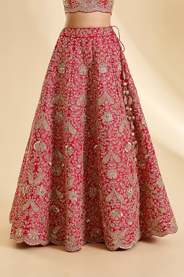 Red Dupion Silk Marori Work Bridal Lehenga Set by SURBHI SHAH at Pernia's Pop Up Shop