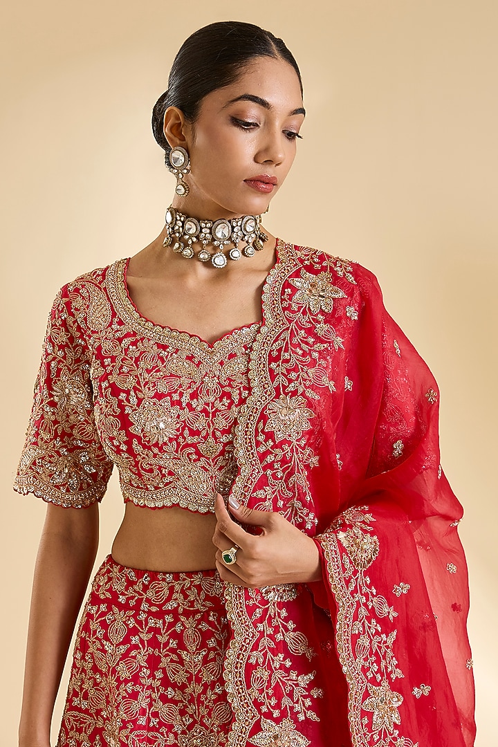 Red Dupion Silk Marori Work Bridal Lehenga Set by SURBHI SHAH at Pernia's Pop Up Shop