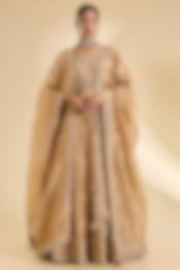 Deep Gold Tissue Pearl & Marori Work Bridal Lehenga Set by SURBHI SHAH at Pernia's Pop Up Shop