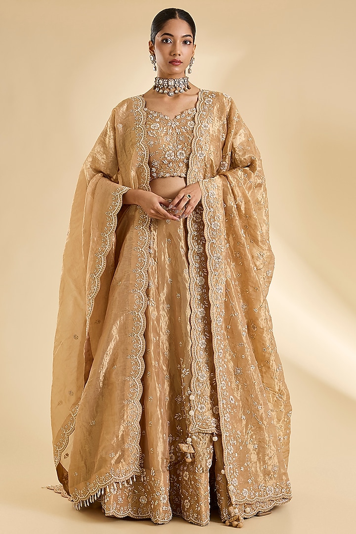 Deep Gold Tissue Pearl & Marori Work Bridal Lehenga Set by SURBHI SHAH at Pernia's Pop Up Shop