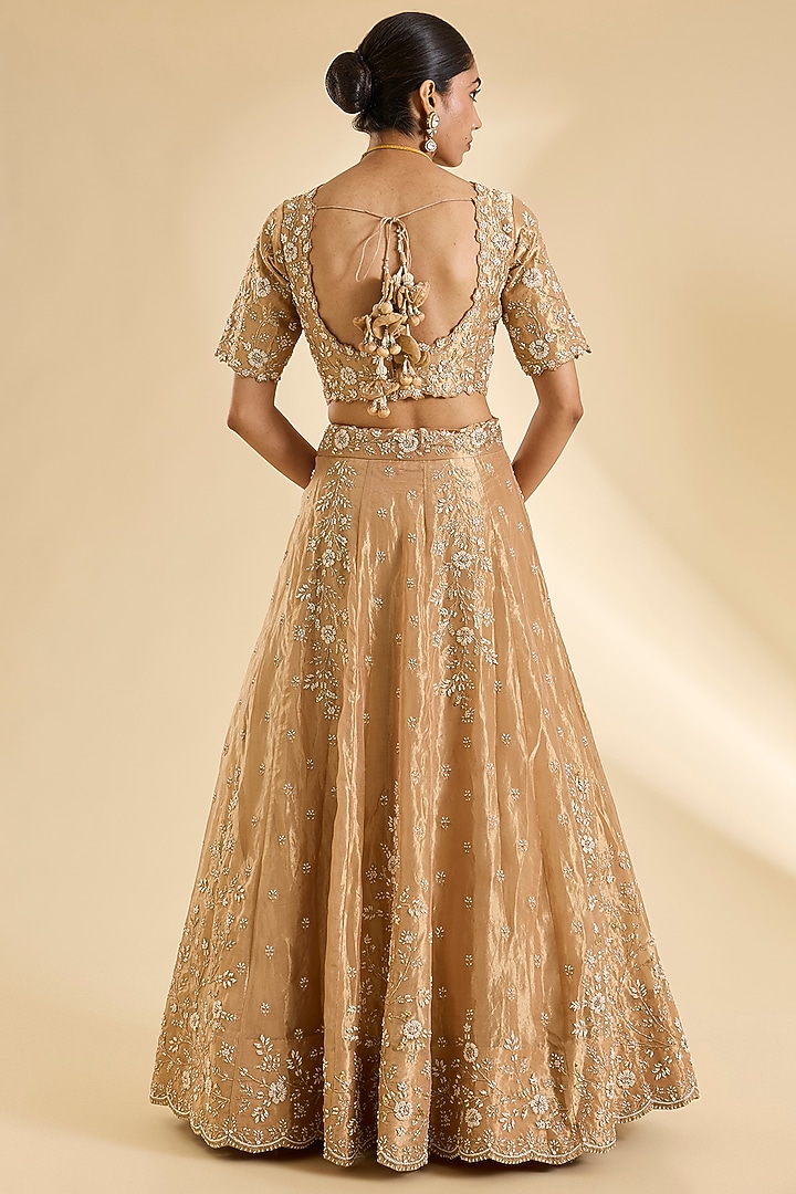 Deep Gold Tissue Pearl & Marori Work Bridal Lehenga Set by SURBHI SHAH at Pernia's Pop Up Shop