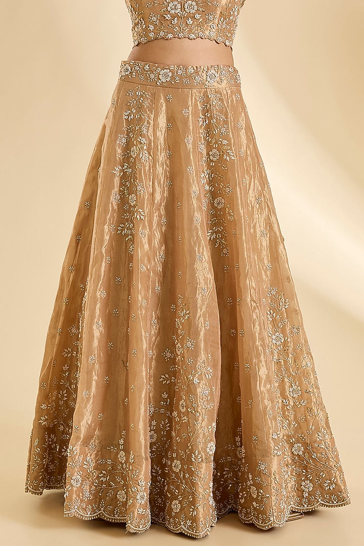 Deep Gold Tissue Pearl & Marori Work Bridal Lehenga Set by SURBHI SHAH at Pernia's Pop Up Shop