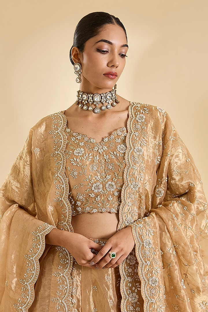 Deep Gold Tissue Pearl & Marori Work Bridal Lehenga Set by SURBHI SHAH at Pernia's Pop Up Shop