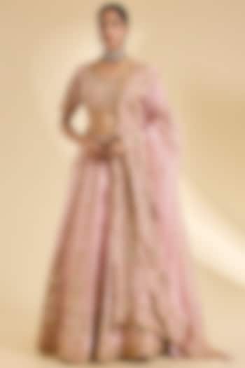 Powder Pink Spun Silk Zardosi Work Bridal Lehenga Set by SURBHI SHAH at Pernia's Pop Up Shop