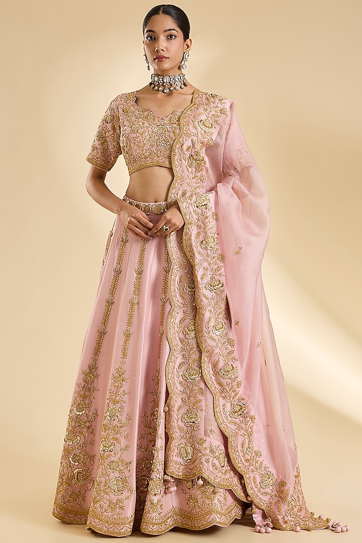 Powder Pink Spun Silk Zardosi Work Bridal Lehenga Set by SURBHI SHAH at Pernia's Pop Up Shop