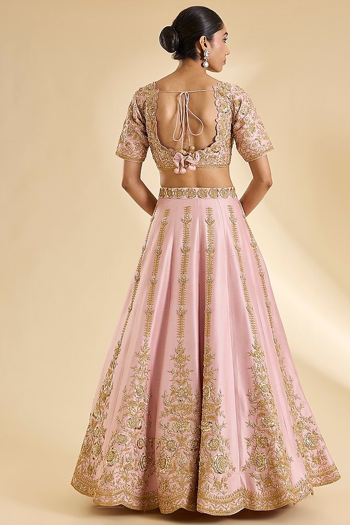Powder Pink Spun Silk Zardosi Work Bridal Lehenga Set by SURBHI SHAH at Pernia's Pop Up Shop