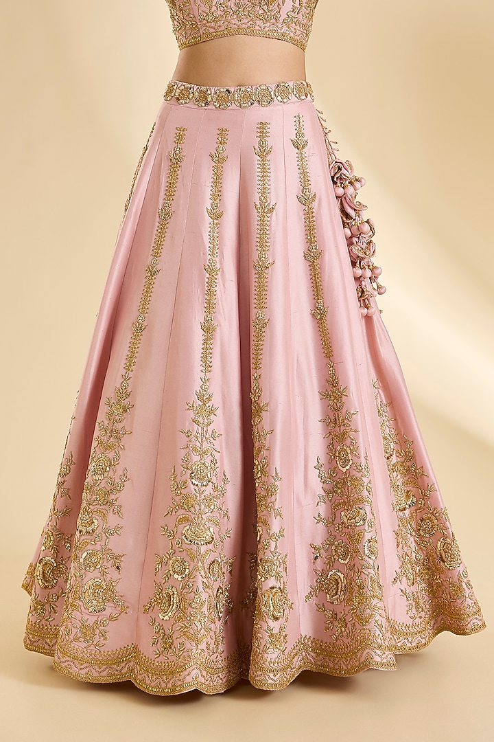 Powder Pink Spun Silk Zardosi Work Bridal Lehenga Set by SURBHI SHAH at Pernia's Pop Up Shop
