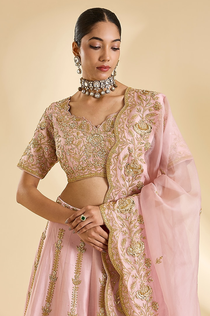 Powder Pink Spun Silk Zardosi Work Bridal Lehenga Set by SURBHI SHAH at Pernia's Pop Up Shop