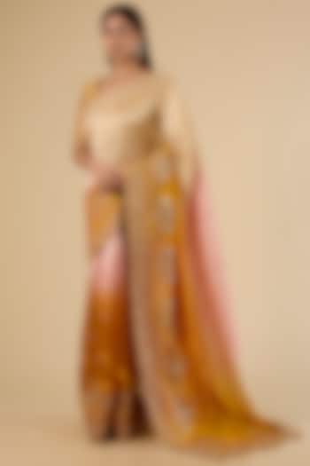 Mustard Yellow Kora Silk Marori Work Reception Saree Set by SURBHI SHAH at Pernia's Pop Up Shop