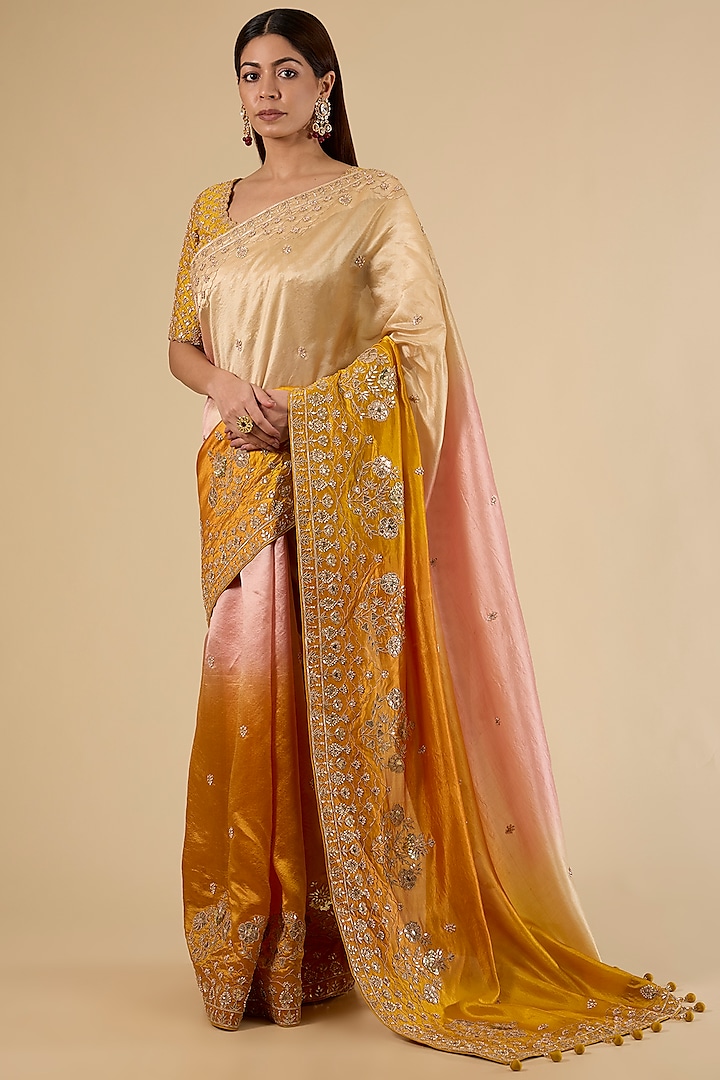 Mustard Yellow Kora Silk Marori Work Reception Saree Set by SURBHI SHAH at Pernia's Pop Up Shop