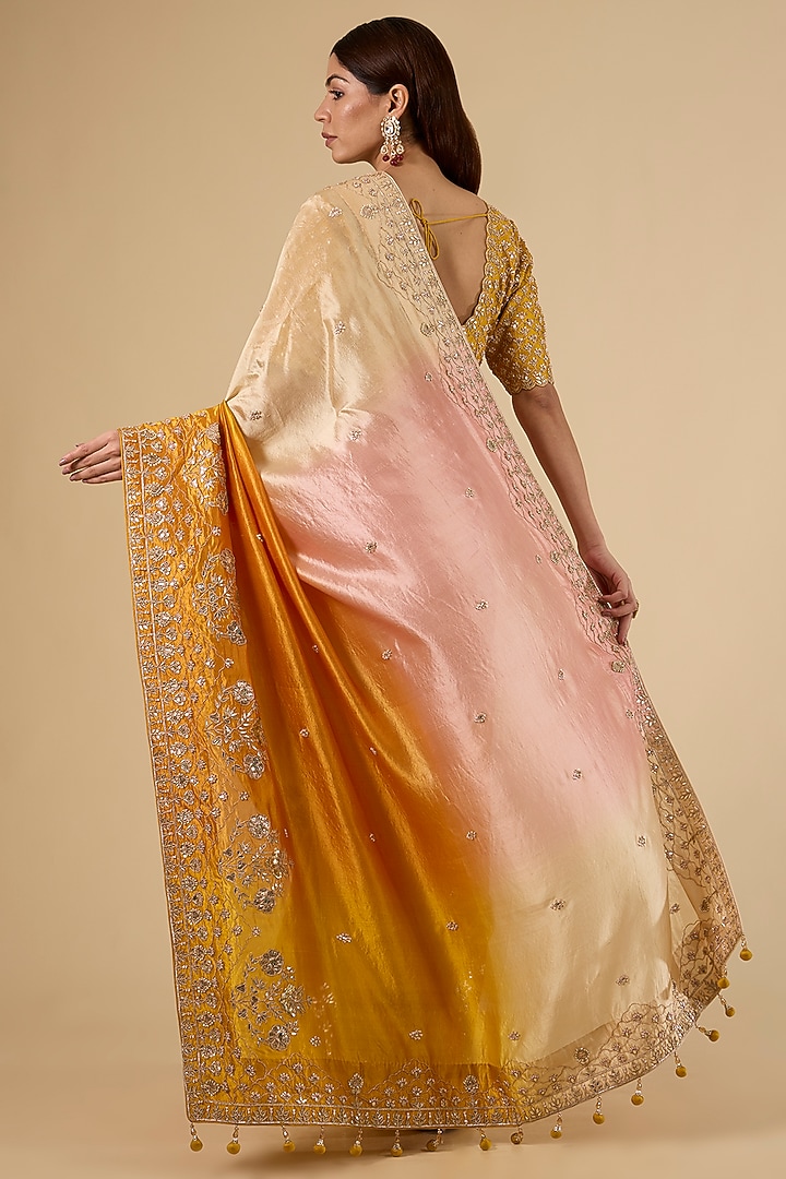 Mustard Yellow Kora Silk Marori Work Reception Saree Set by SURBHI SHAH at Pernia's Pop Up Shop