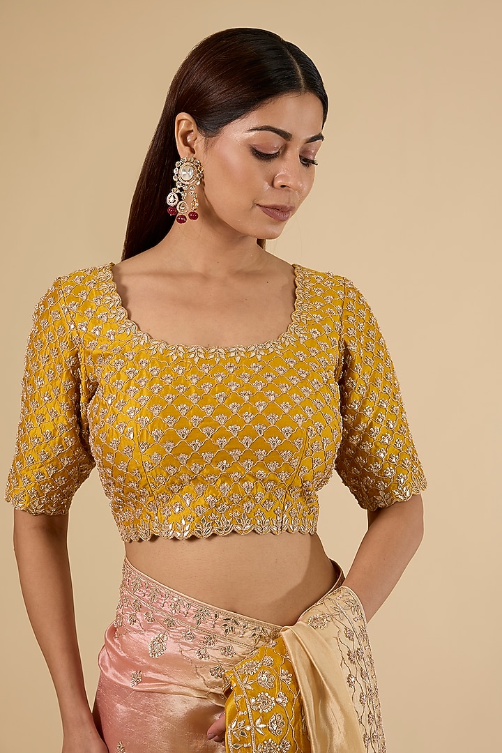 Mustard Yellow Kora Silk Marori Work Reception Saree Set by SURBHI SHAH at Pernia's Pop Up Shop