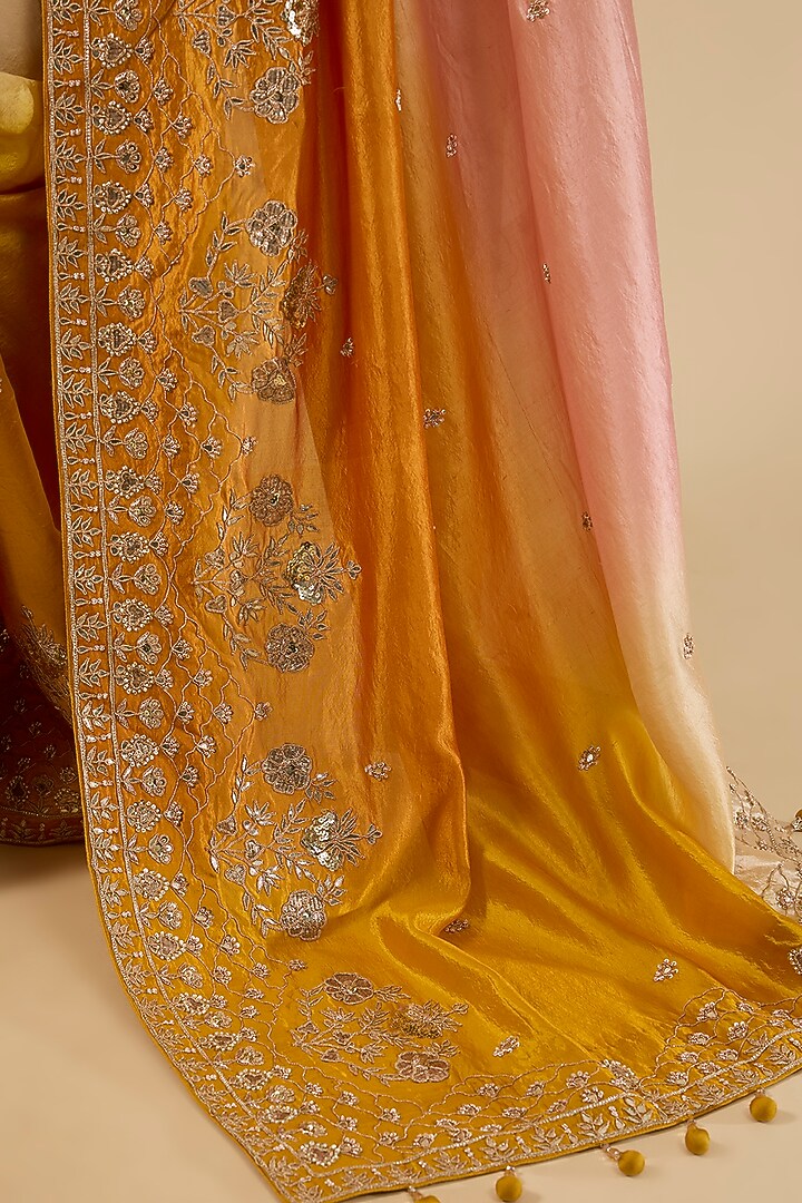 Mustard Yellow Kora Silk Marori Work Reception Saree Set by SURBHI SHAH at Pernia's Pop Up Shop
