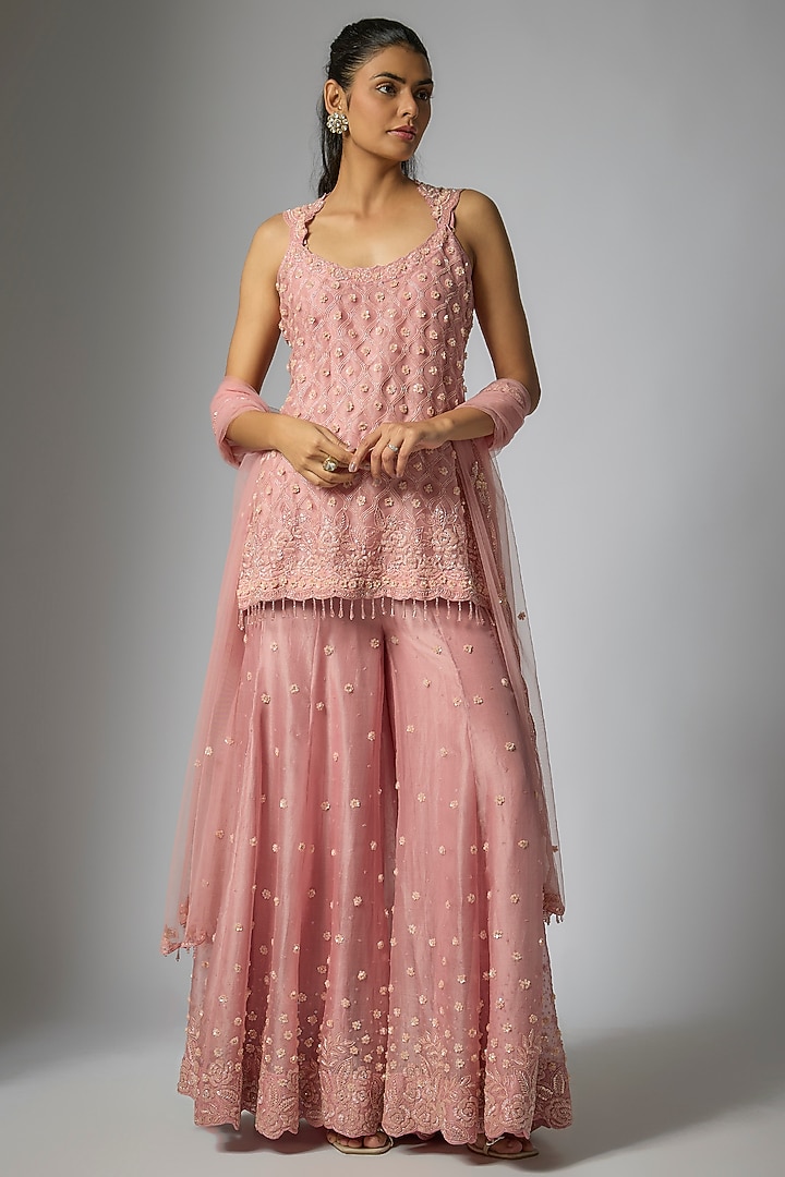 Rose Pink Organza Sequins Work Bridal Sharara Set by Surbhi Shah at Pernia's Pop Up Shop